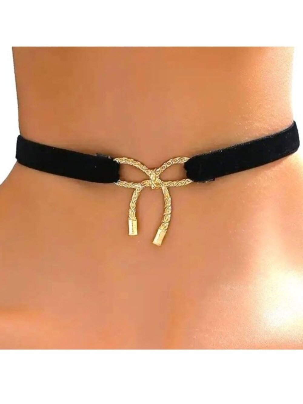 Bow Choker Necklace Gold Velvet Ribbon Cord Adjustable Boho Sexy Stylish Glam